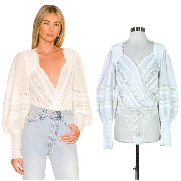 NEW Free People | Eloise White Lace Puff Sleeve V Neck Semi Sheer Bodysuit Top - Picture 1 of 12